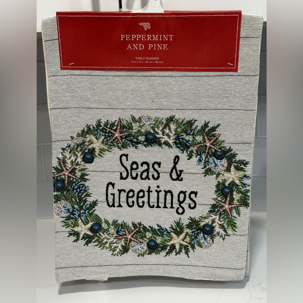 Table Runner Christmas Wreath Tapestry 13x72" Seas & Greeting Nautical Beach